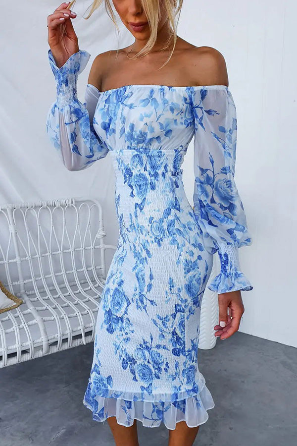 Shine Bright Floral Off Shoulder Smocked Waist Midi Dress-consonak