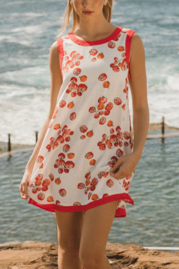 Tomato Print Loose Round Neck Sleeveless Casual Pocket Mini Dress