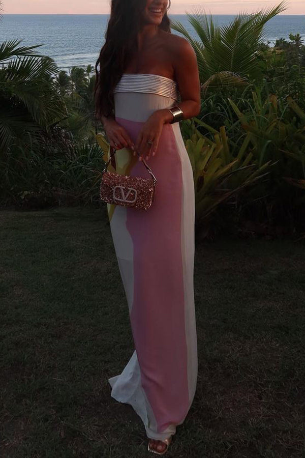 Dalva Calla Lilies Print Pleated Metallic Fabric Patchwork Bandeau Loose Maxi Dress-consonak