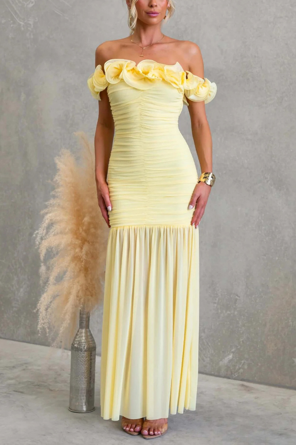Solid Color Off-shoulder Pleated Backless Slim-fit Elegant Mesh Maxi Dress