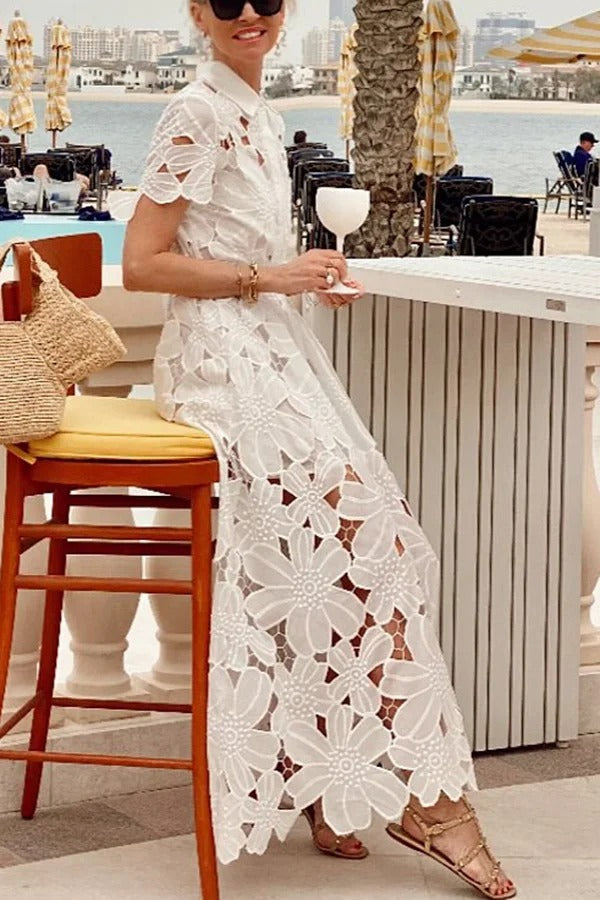 Dubai Style Floral Crochet Lace Short Sleeve Tie-up Shirt Maxi Dress-consonak