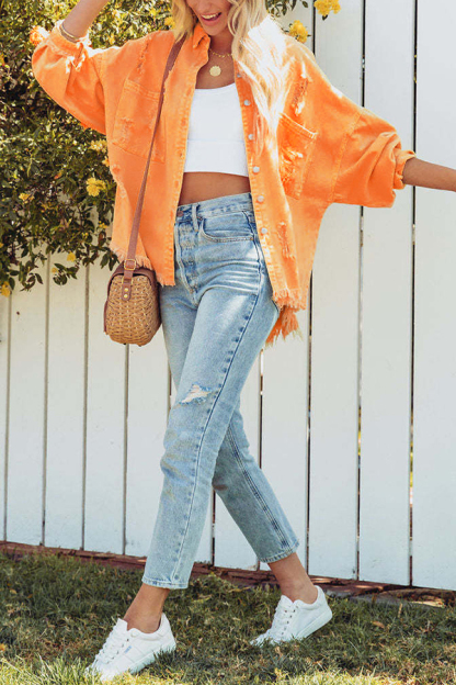 Stylish Lapel Long Sleeve Ripped Denim Jacket-consonak