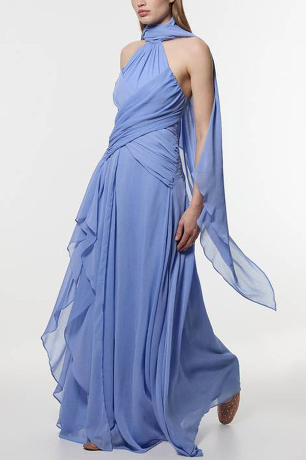 Spring Enchantment Chiffon Crinkle Cross Front Drape Scarf Maxi Dress-consonak