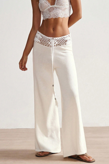 Solid Color Openwork Waist Tie Casual Knit Straight Leg Pants-consonak