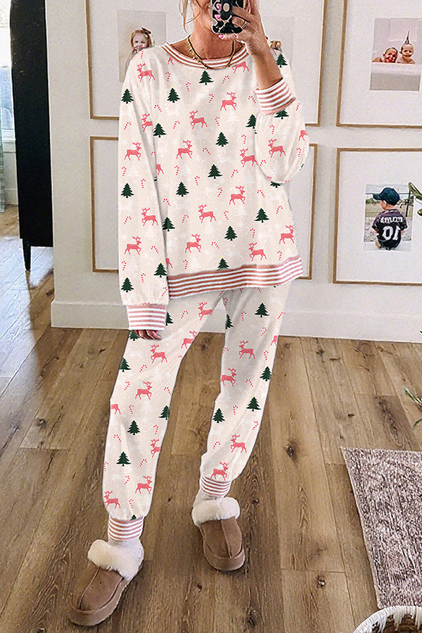 Christmas Print Loose Long-sleeved Top and Elastic Waist Casual Pants Set-consonak
