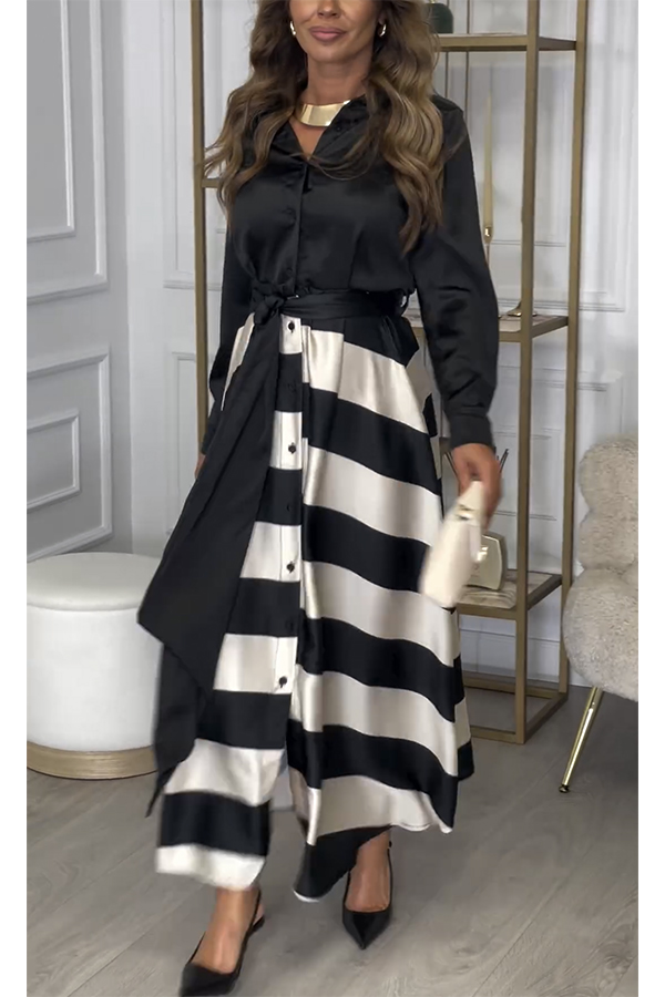 Lindsey Satin Colorblock Contrast Long Sleeve Belted Shirt Maxi Dress-consonak