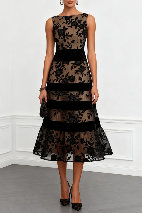 Rosmie Flower Mesh Lace Colorblock Boat Neck Sleeveless A-Line Midi Dress | Consonak