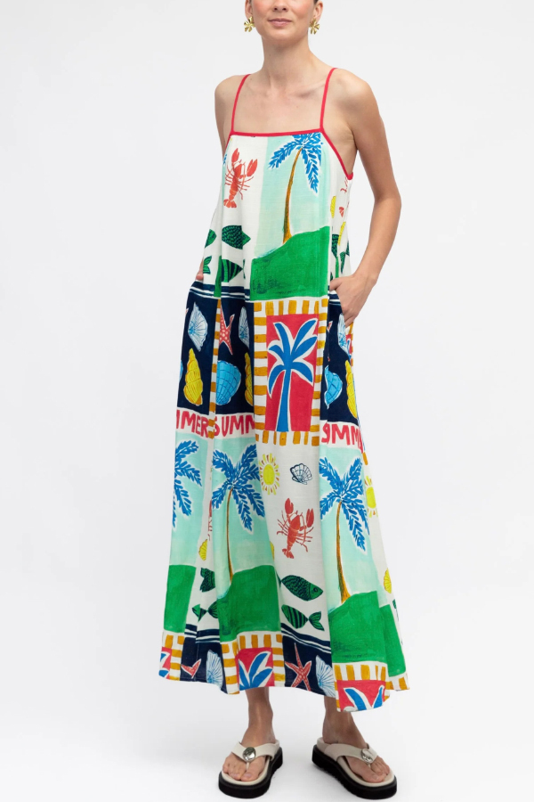 Summer-themed Printed Square Neck Sleeveless Pocket Loose Maxi Dress