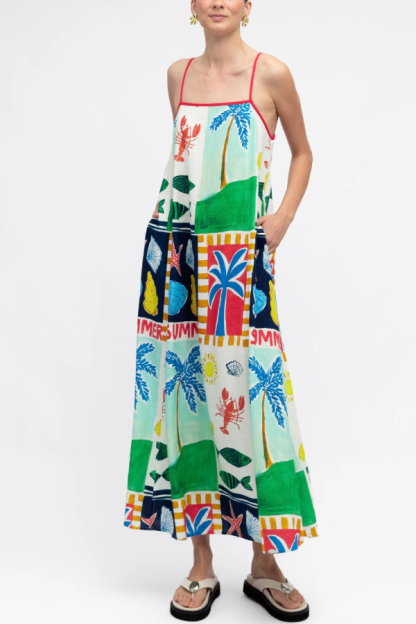 Summer-themed Printed Square Neck Sleeveless Pocket Loose Maxi Dress