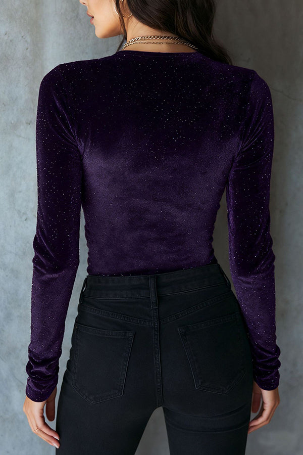 Fashionable Velvet Sequined V-neck Long-sleeved Fitted Top-consonak