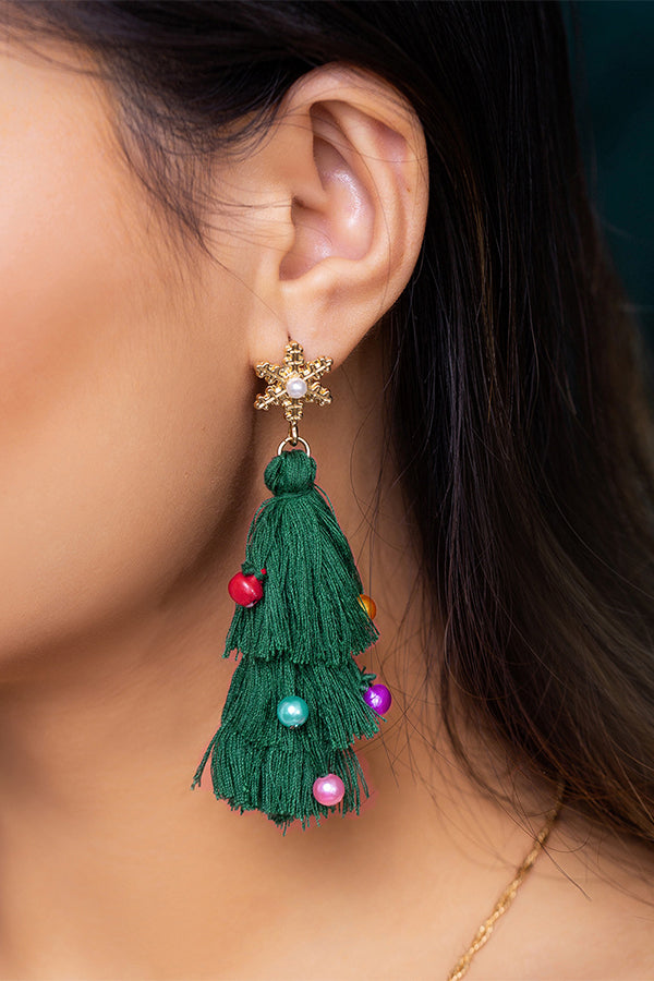 Bohemian Lightweight Christmas Tree Tassel Beaded Earrings-consonak