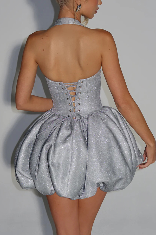 Araminta Glitter Fabric Square Halter Tie Neck Back Lace-up Fluffy Bubble Mini Dress-consonak