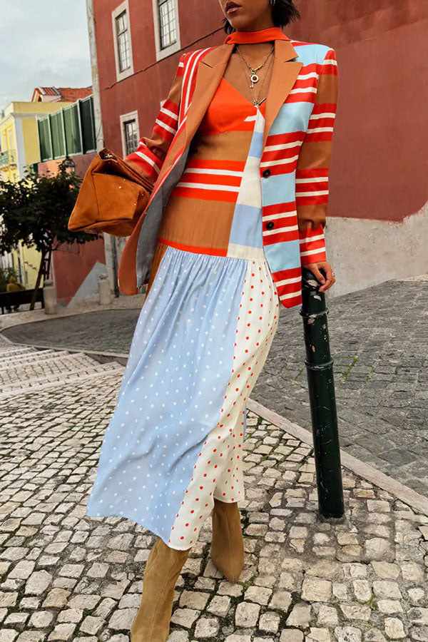 Vibrant Touch Color-blocked Polka Dot Print Slip Pleated Hem Maxi Dress | Consonak