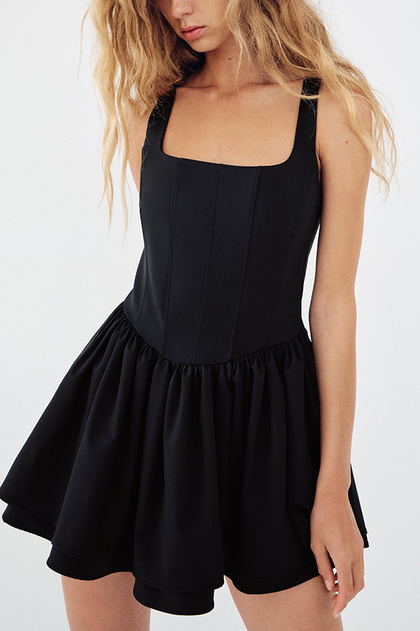 Solid Velvet Square Neck Slim Fit Mini Dress-consonak