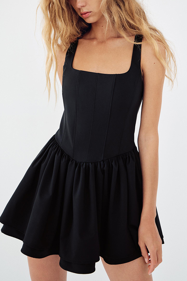 Solid Velvet Square Neck Slim Fit Mini Dress-consonak