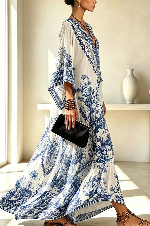 Blue and White Porcelain Print V-Neck Wide Sleeve Cover-up Maxi Dress-Consonak