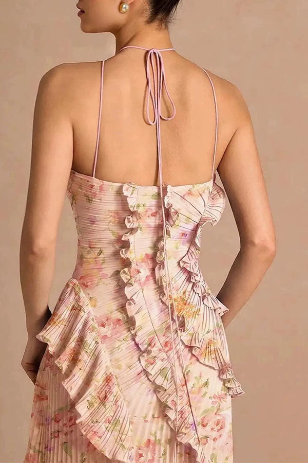 Dream Ode Lily Pad Style Pleats and Ruffles Halter Gown Maxi Dress-Consonak
