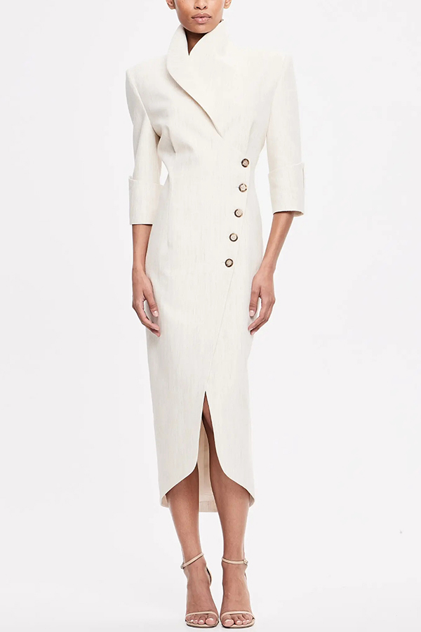 Elegant Look Linen Blend Stand Lapel Neck Half Sleeve Side Button Midi Dress-consonak