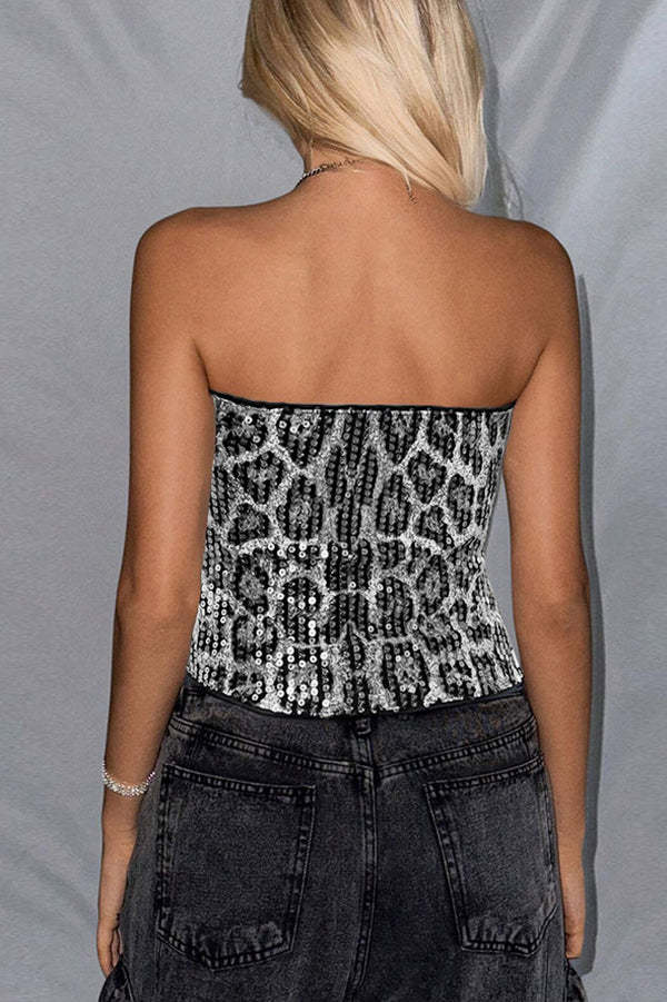 Sexy Sequined Leopard Print Off-shoulder Fitted Crop Top-consonak