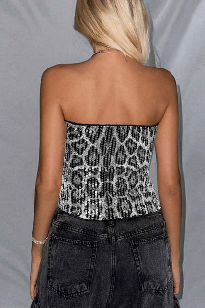 Sexy Sequined Leopard Print Off-shoulder Fitted Crop Top-consonak
