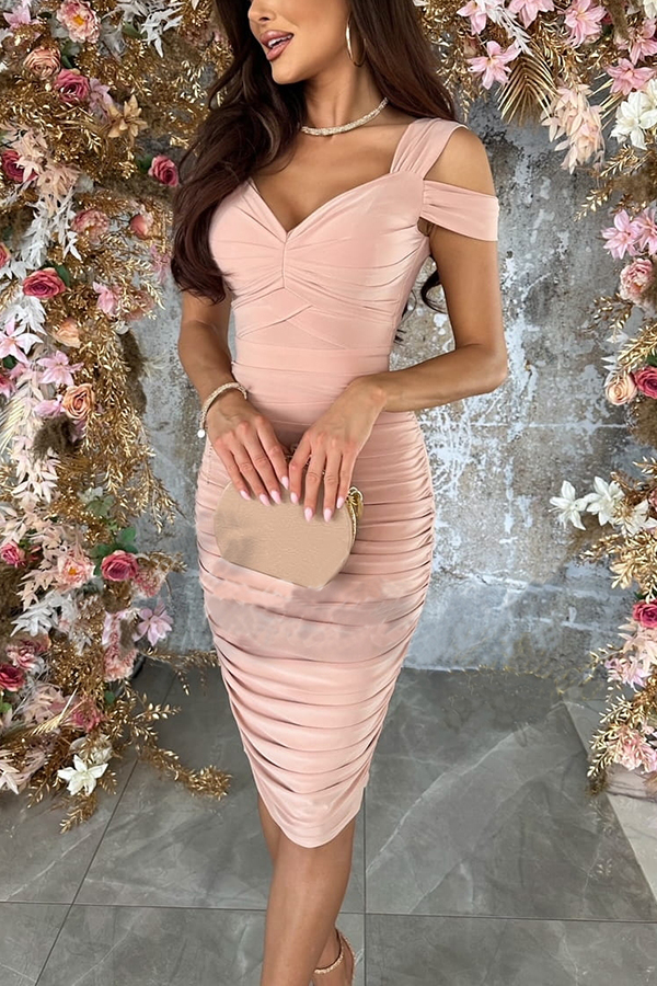Raise A Toast Cold Shoulder Ruched Pencil Midi Dress-consonak