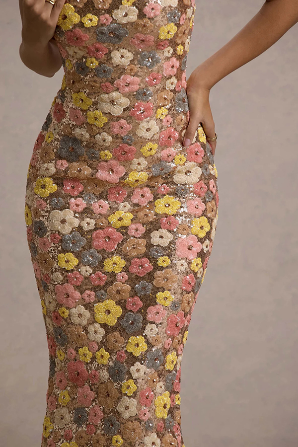80's Inspired Floral Print Sequin Square Neck Slip Stretch Maxi Dress | Consonak