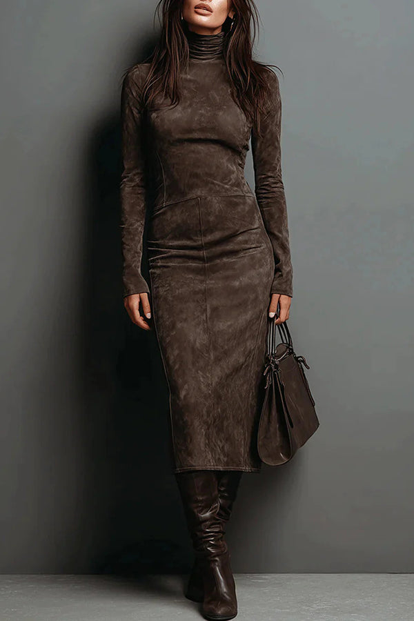 Stylish High-neck Long-sleeved Slim-fit Midi Dress-consonak