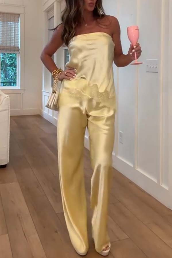 Odessa Satin Floral Lace Hem Strapless Tank and Mid Rise Wide Leg Pants Set-consonak