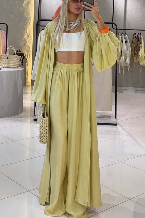 Beach Cottage Open Front Long Pleated Lantern Sleeve Long Cover-up Jacket-consonak