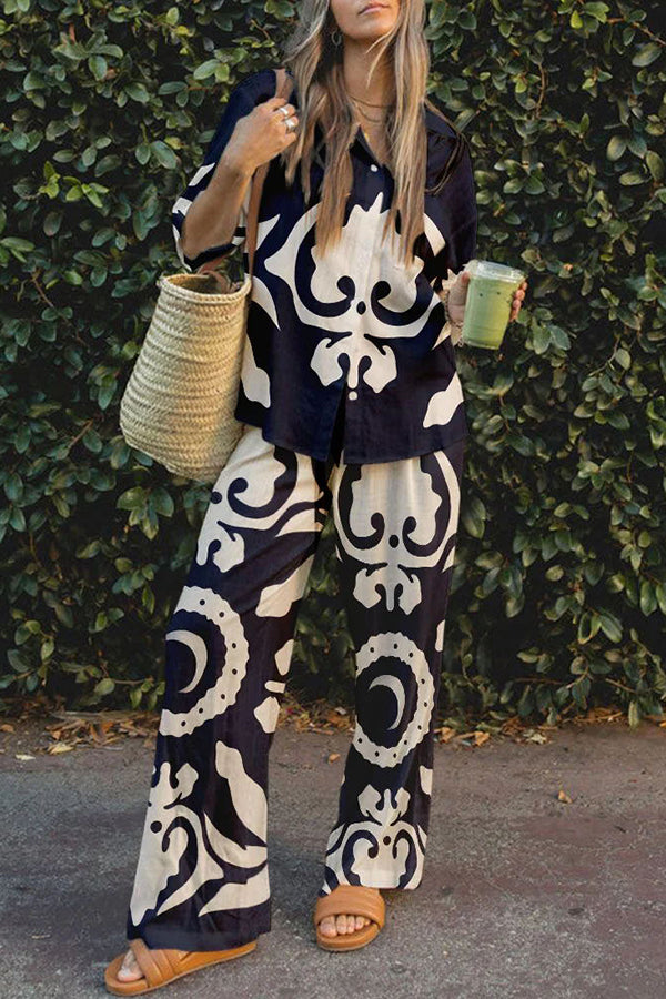 Abstract World Print Button Elastic Waist Pants Set-consonak