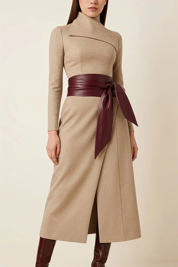 Plaid Print Long-Sleeved Wide-belted Slim-Fit Midi Dress-consonak