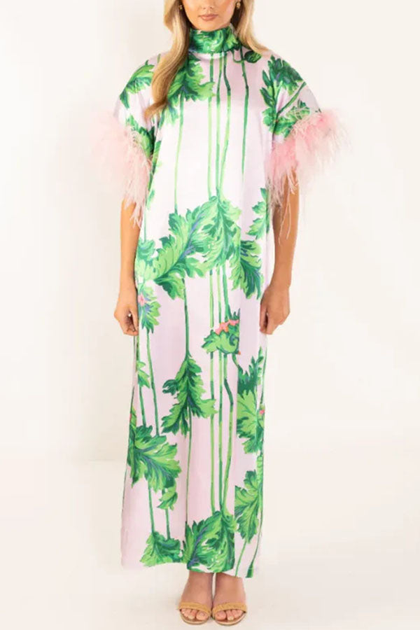 Darling Satin Botanical Print Tie-up Neck Half Sleeve Feather Trim Caftan Midi Dress | Consonak