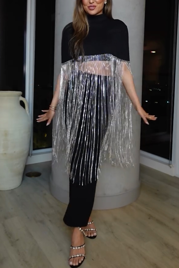 New Level Shiny Tassel Stand Neck Crop Cape Blouse | Consonak