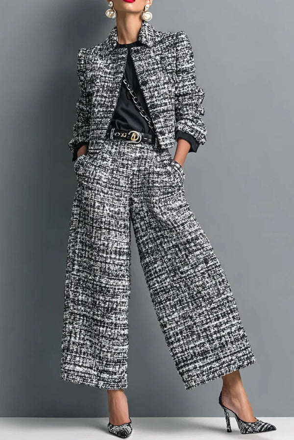 Stylish Long-sleeved Single-breasted Short Jacket and Casual Pocket Wide-leg Pants Sets-consonak