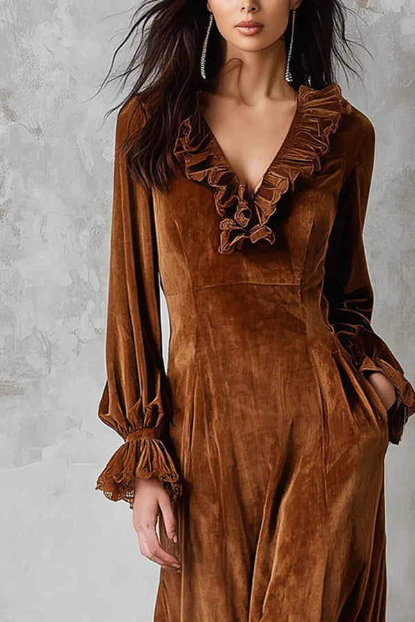Fashionable Velvet Lace Patchwork V-neck Ruffle Midi Dress-consonak