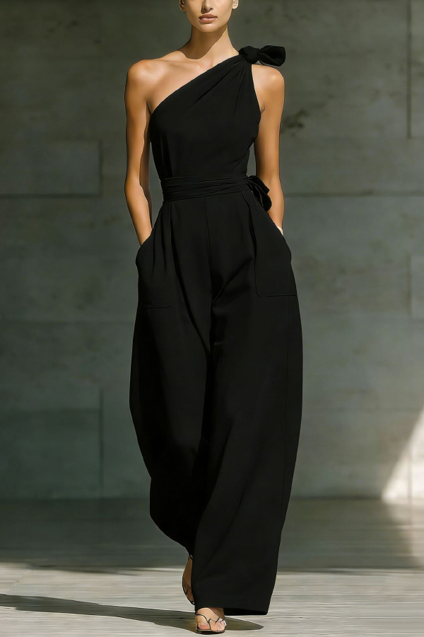 Solid Color Sleeveless One-shoulder Fitted Waist Casual Pocket Loose Wide-leg Jumpsuit