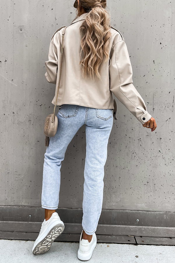 Stylish Leather Lapel Pocket British Style Cropped Jacket-consonak