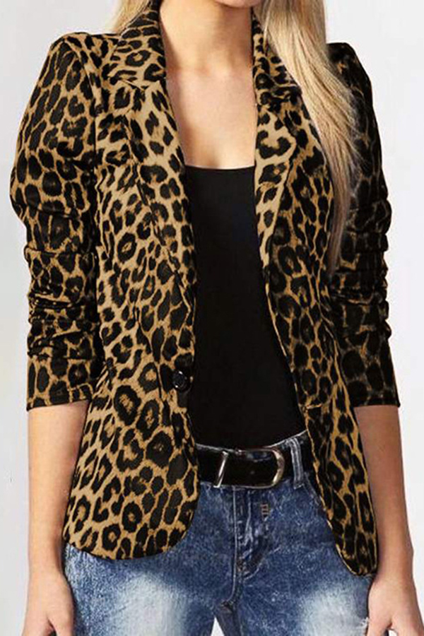Leopard Print Lapel Long Sleeve Casual Blazer-consonak