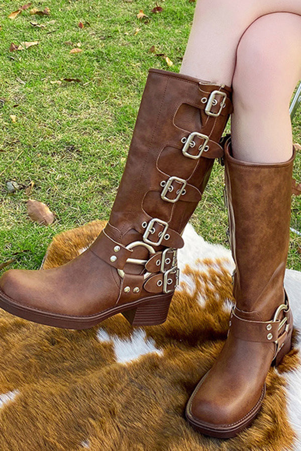 Vintage Belt Buckle Chunky Heeled Long Biker Boots-consonak