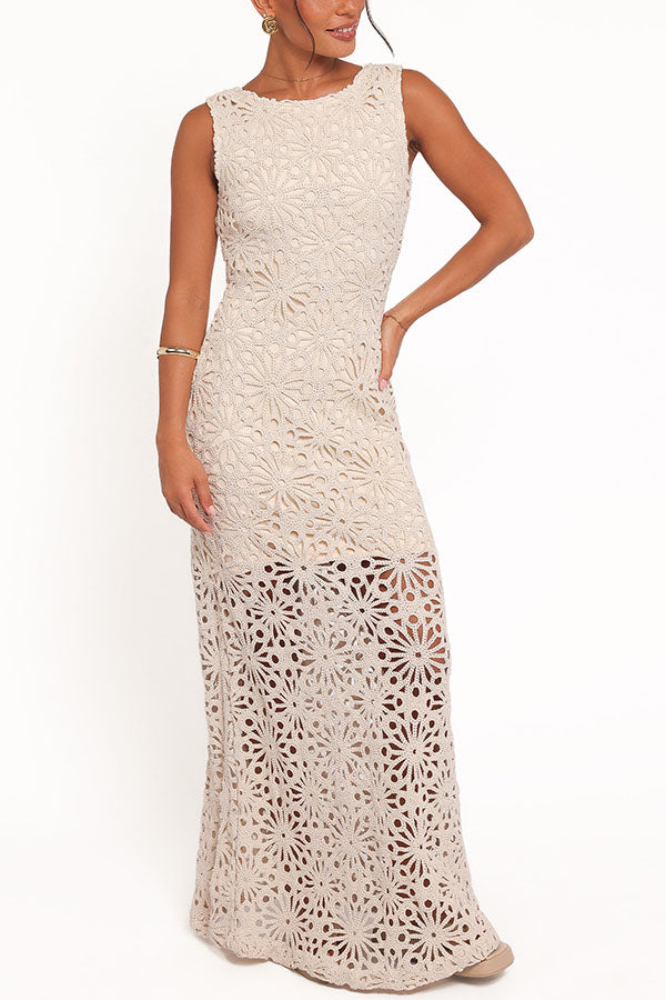 Effortlessly Chic Crochet Lace Floral Pattern Backless Lace-up Vacation Maxi Dress-consonak