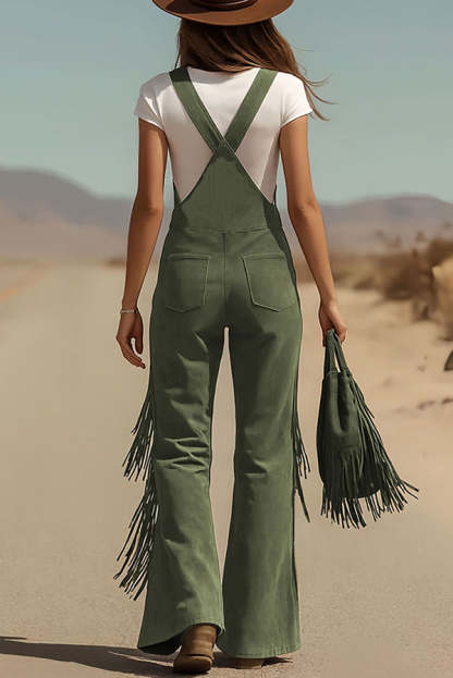 Stylish Suede Tassel Button Pocket Casual Wide-leg Overalls-consonak