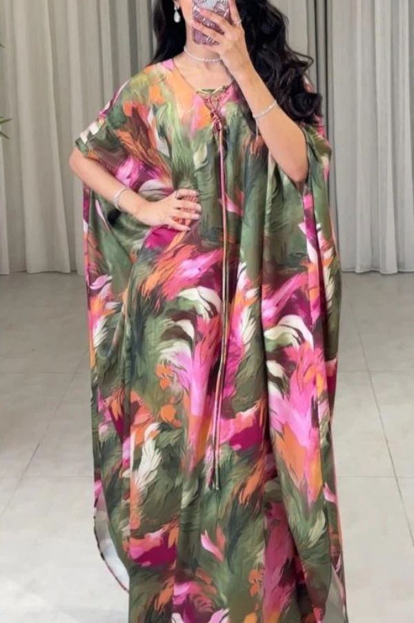 Unique Printed Loose V-Neck Kaftan Robe Maxi Dress-consonak