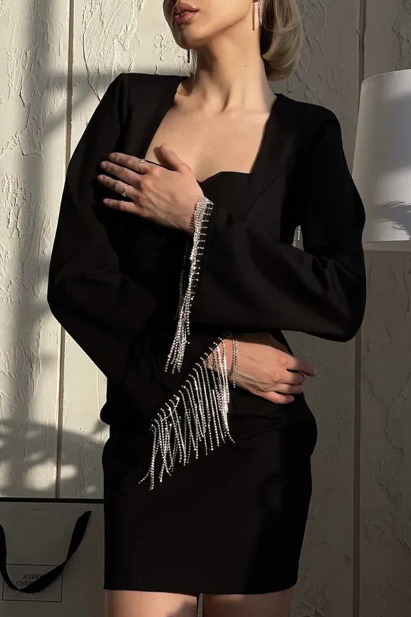 Fashionable Fringed Square Neck Bell Sleeves Hollow Back Mini Dress-consonak