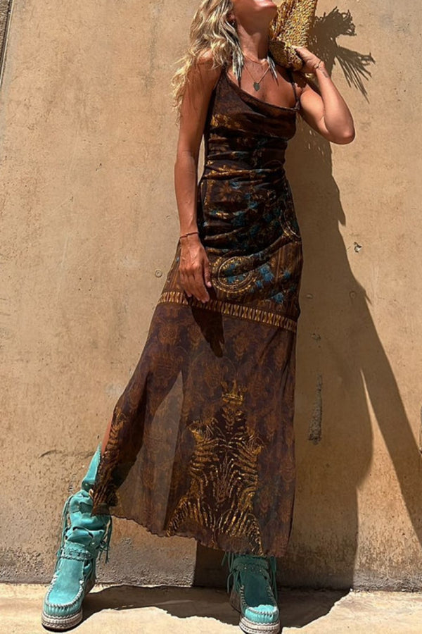 Gypsy Style Unique Print Cowl Neck Back Lace-up Slit Midi Dress-consonak