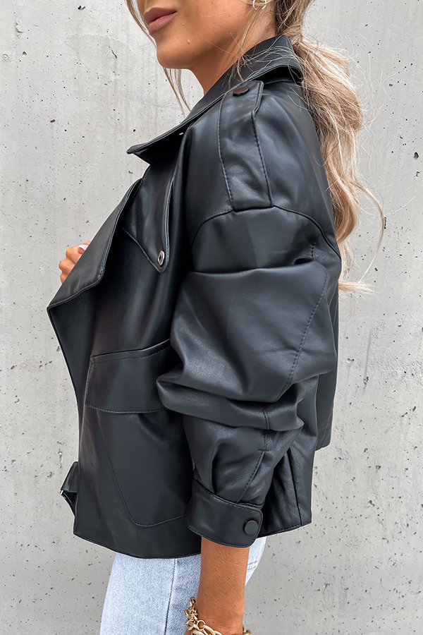 Stylish Leather Lapel Pocket British Style Cropped Jacket-consonak