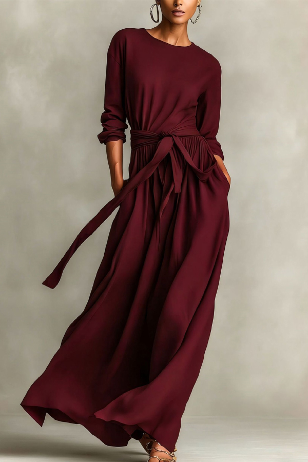 Linen Blend Round Neck Long Sleeve Waist Tie Casual Pocket Maxi Dress