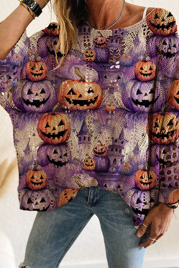 Halloween Pumpkin & Bat Hollow Out Knit Oversized Sweater-Consonak