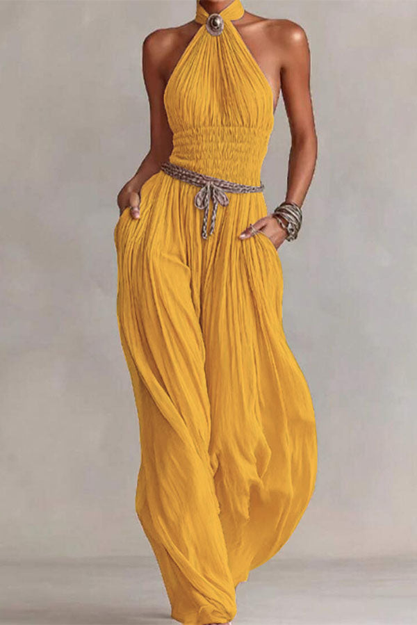 Bohemian Halter Neck Wide-Leg Jumpsuit-Consonak