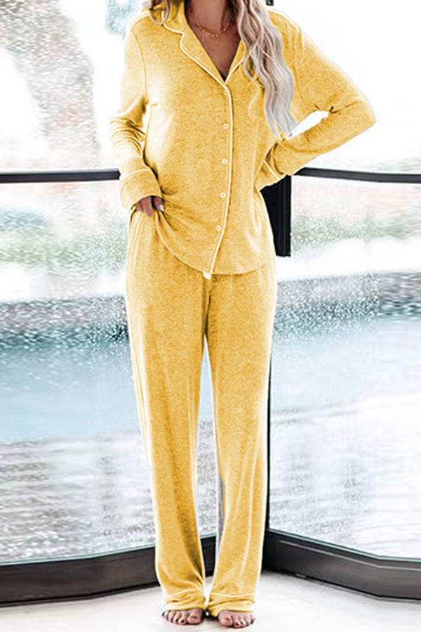 Home-style Loose-fitting Long-sleeved Pocket Shirt and Elastic Waist Casual Pants Set-consonak