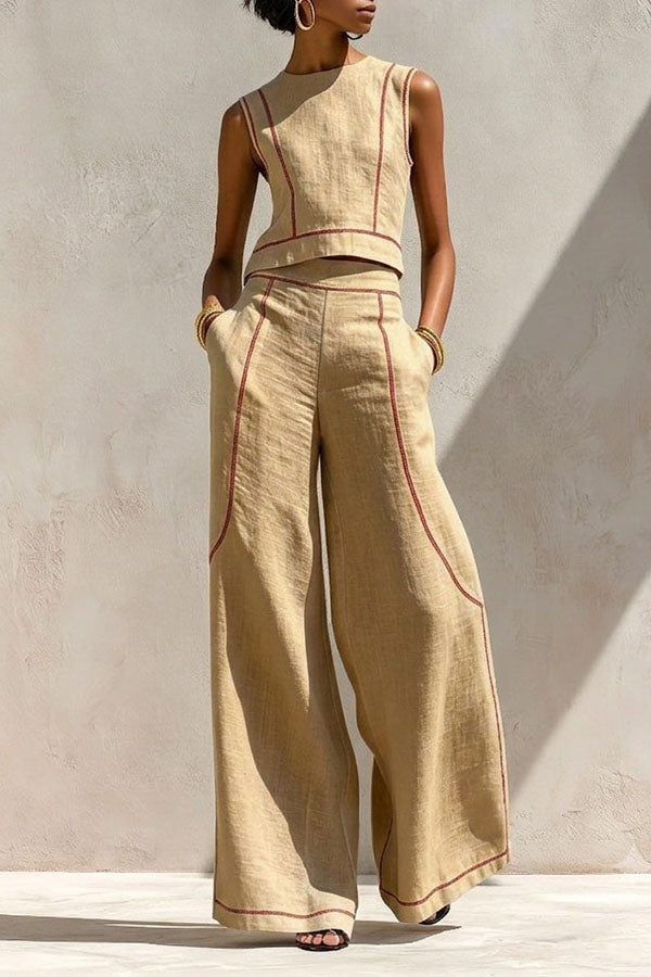 Elysia Contrast-Stitch Linen Two-Piece Set-Consonak